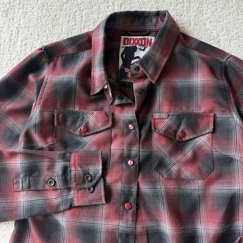 Dixxon Flannel Snap Shirt The Count Womens M Red Plaid Halloween Vampire Limited